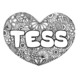 Coloriage pr&eacute;nom TESS - d&eacute;cor Mandala coeur