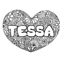 Coloriage pr&eacute;nom TESSA - d&eacute;cor Mandala coeur
