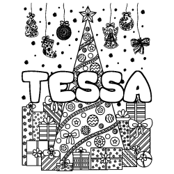 Coloriage prénom TESSA - décor Sapin et Cadeaux