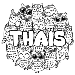 Coloriage pr&eacute;nom THA&Iuml;S - d&eacute;cor Chouettes