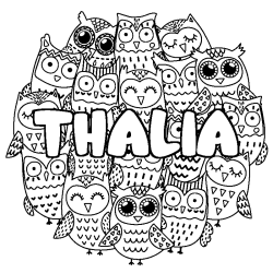 Coloriage pr&eacute;nom THALIA - d&eacute;cor Chouettes