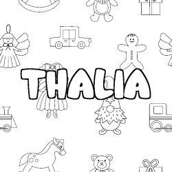 Coloriage pr&eacute;nom THALIA - d&eacute;cor Jouets
