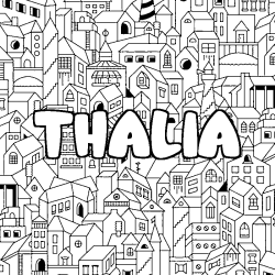 Coloriage pr&eacute;nom THALIA - d&eacute;cor Ville