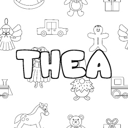 Coloriage pr&eacute;nom THEA - d&eacute;cor Jouets