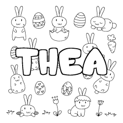Coloriage pr&eacute;nom THEA - d&eacute;cor Paques