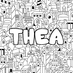 Coloriage pr&eacute;nom THEA - d&eacute;cor Ville
