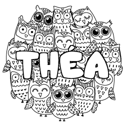 Coloriage pr&eacute;nom TH&Eacute;A - d&eacute;cor Chouettes