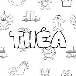 Coloriage pr&eacute;nom TH&Eacute;A - d&eacute;cor Jouets