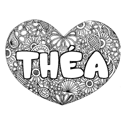 Coloriage pr&eacute;nom TH&Eacute;A - d&eacute;cor Mandala coeur