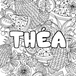 Coloriage pr&eacute;nom TH&Eacute;A - d&eacute;cor Mandala fruits