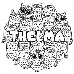 Coloriage pr&eacute;nom THELMA - d&eacute;cor Chouettes