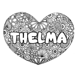 Coloriage pr&eacute;nom THELMA - d&eacute;cor Mandala coeur
