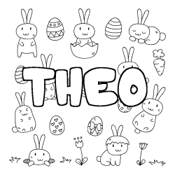 Coloriage pr&eacute;nom THEO - d&eacute;cor Paques
