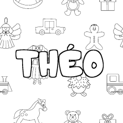 Coloriage pr&eacute;nom TH&Eacute;O - d&eacute;cor Jouets