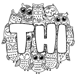 Coloriage pr&eacute;nom THI - d&eacute;cor Chouettes
