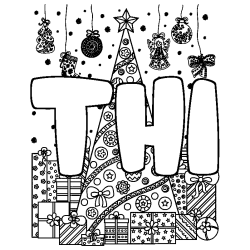 Coloriage pr&eacute;nom THI - d&eacute;cor Sapin et Cadeaux