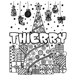 Coloriage prénom THIERRY - décor Sapin et Cadeaux