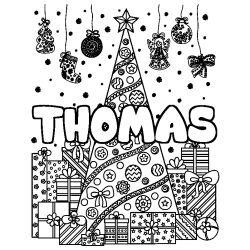 Coloriage prénom THOMAS - décor Sapin et Cadeaux