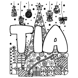 Coloriage pr&eacute;nom TIA - d&eacute;cor Sapin et Cadeaux