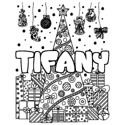 Coloriage prénom TIFANY - décor Sapin et Cadeaux