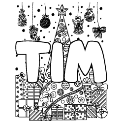 Coloriage pr&eacute;nom TIM - d&eacute;cor Sapin et Cadeaux