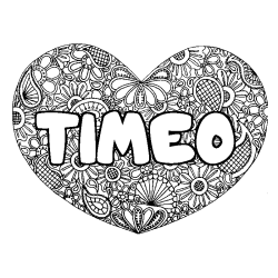 Coloriage prénom TIMEO - décor Mandala coeur