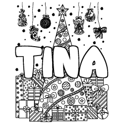 Coloriage prénom TINA - décor Sapin et Cadeaux