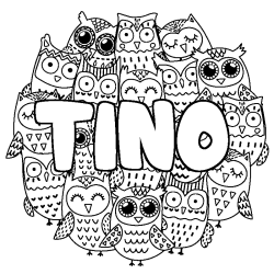 Coloriage pr&eacute;nom TINO - d&eacute;cor Chouettes