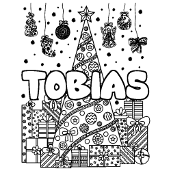 Coloriage pr&eacute;nom TOBIAS - d&eacute;cor Sapin et Cadeaux