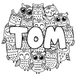 Coloriage pr&eacute;nom TOM - d&eacute;cor Chouettes