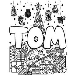 Coloriage prénom TOM - décor Sapin et Cadeaux