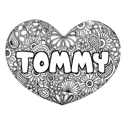 Coloriage prénom TOMMY - décor Mandala coeur
