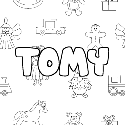 Coloriage prénom TOMY - décor Jouets