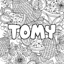 Coloriage pr&eacute;nom TOMY - d&eacute;cor Mandala fruits