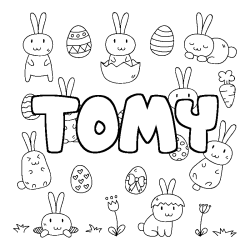 Coloriage pr&eacute;nom TOMY - d&eacute;cor Paques