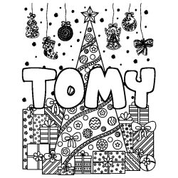 Coloriage pr&eacute;nom TOMY - d&eacute;cor Sapin et Cadeaux