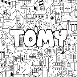 Coloriage prénom TOMY - décor Ville