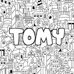 Coloriage pr&eacute;nom TOMY - d&eacute;cor Ville
