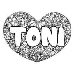 Coloriage prénom TONI - décor Mandala coeur