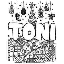Coloriage prénom TONI - décor Sapin et Cadeaux