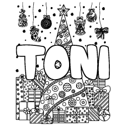Coloriage pr&eacute;nom TONI - d&eacute;cor Sapin et Cadeaux