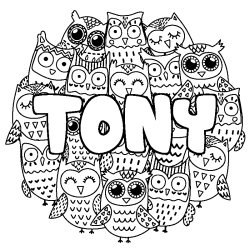 Coloriage pr&eacute;nom TONY - d&eacute;cor Chouettes