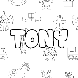 Coloriage prénom TONY - décor Jouets
