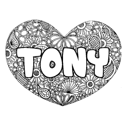 Coloriage pr&eacute;nom TONY - d&eacute;cor Mandala coeur