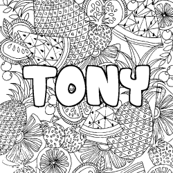 Coloriage pr&eacute;nom TONY - d&eacute;cor Mandala fruits
