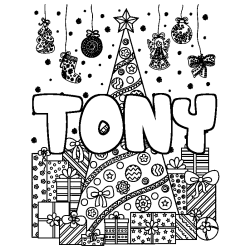 Coloriage prénom TONY - décor Sapin et Cadeaux