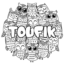 Coloriage prénom TOUFIK - décor Chouettes