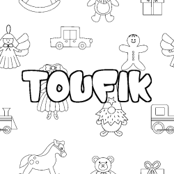 Coloriage pr&eacute;nom TOUFIK - d&eacute;cor Jouets
