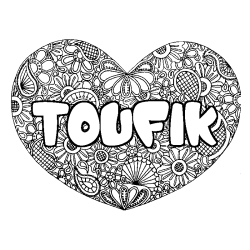 Coloriage prénom TOUFIK - décor Mandala coeur
