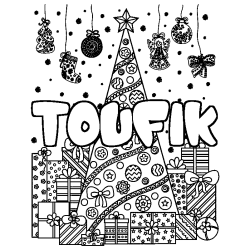 Coloriage prénom TOUFIK - décor Sapin et Cadeaux